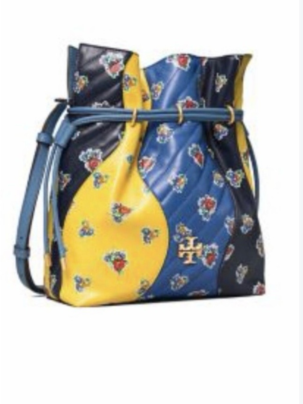 Tory Burch Kira Blue/ Yellow Quilted Floral Drawstring Bag Runway Edition